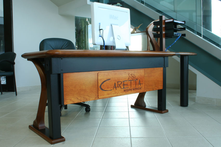 desk with corporate logo